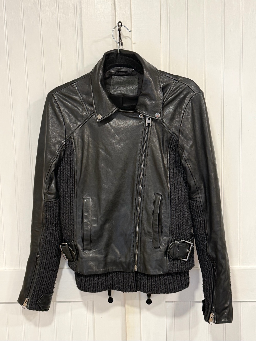 All Saints Black Leather Jacket with Knit Panels size 6